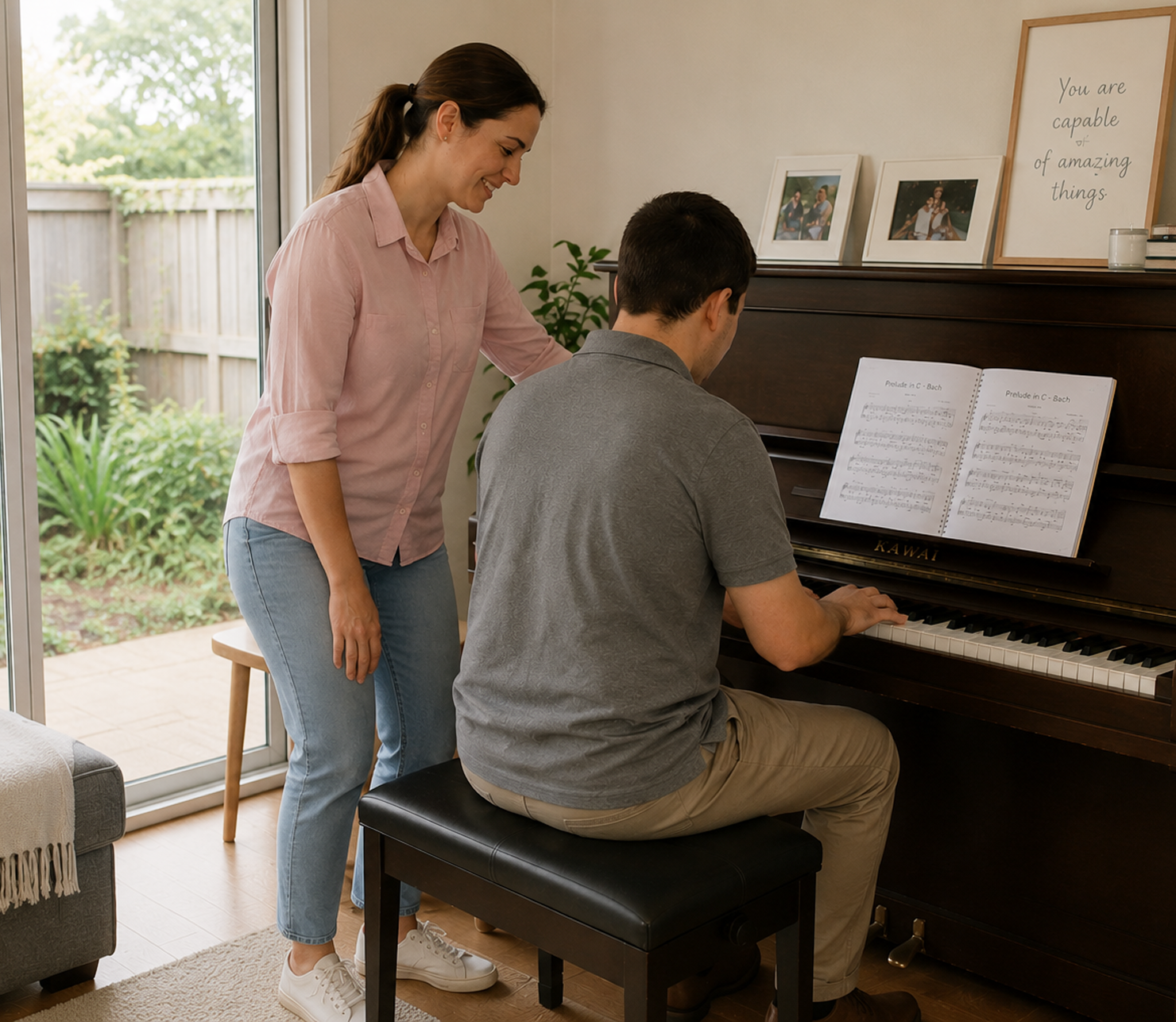 Support worker encouraging a participant at the piano