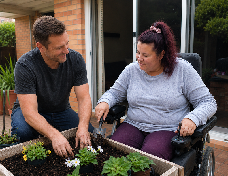 Caring support worker helping client in comfortable home environment