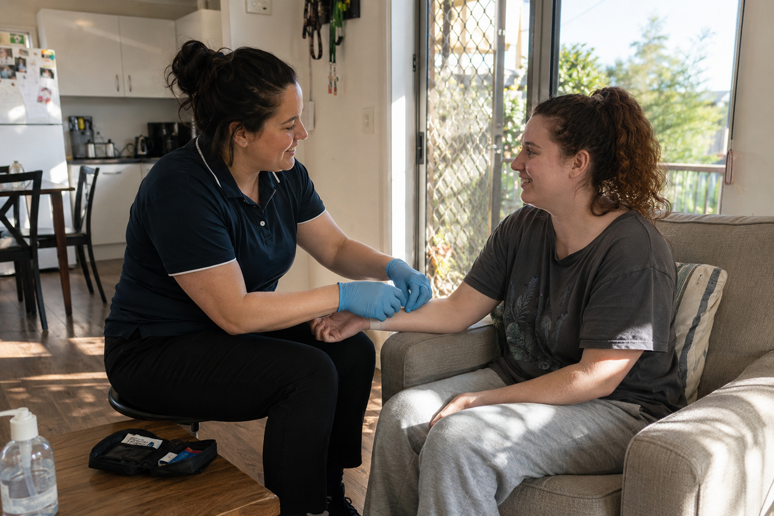 Nurse tending to a person's arm at home