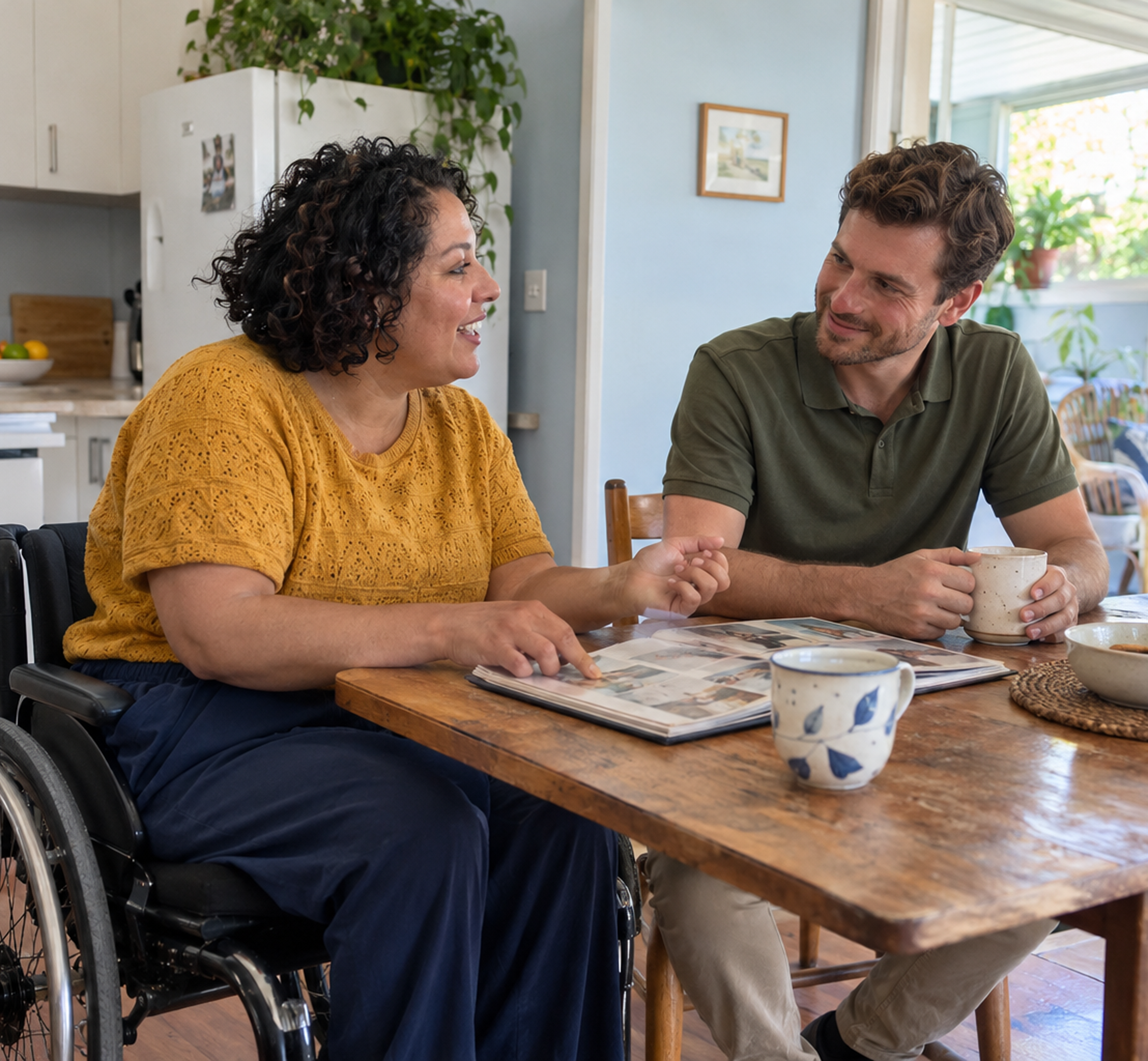 Support worker and participant talking at home