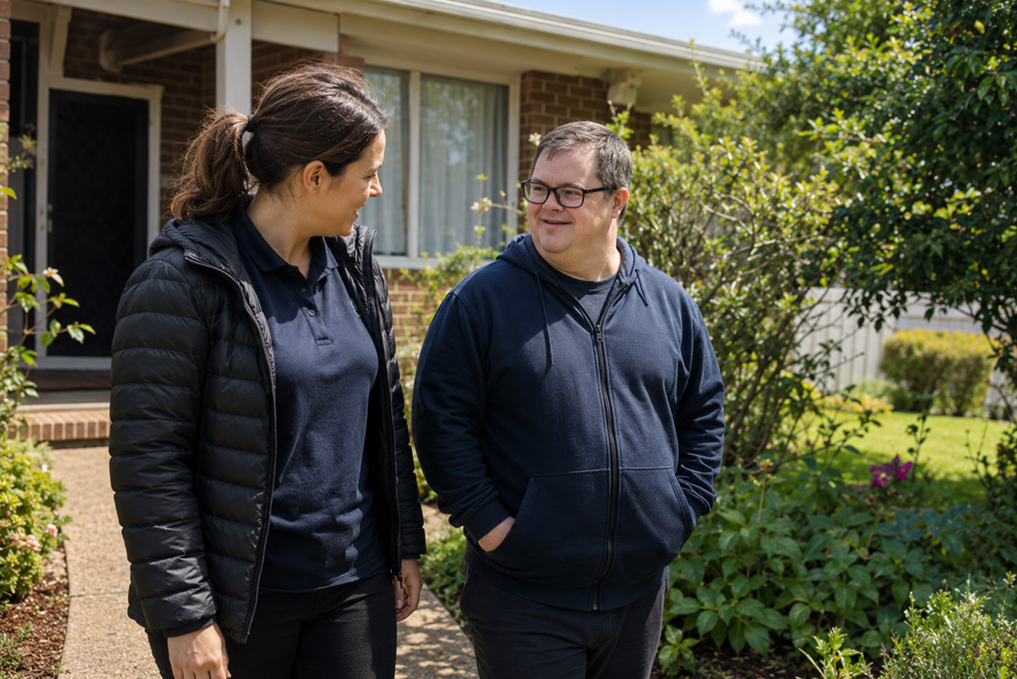 Support worker and participant talking outside a home